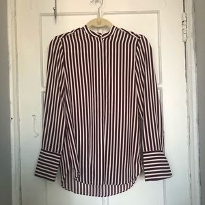 Collarless button down shirt burgundy stripe